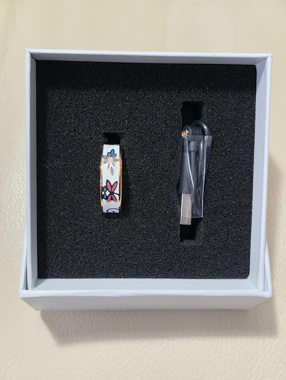 Smart Fitness Ring - White Floral Pattern, Size 12, New In Box